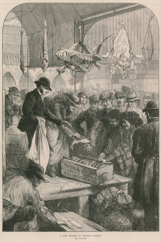 Vente aux enchères de poissons au marché de Columbia, Londres - English School