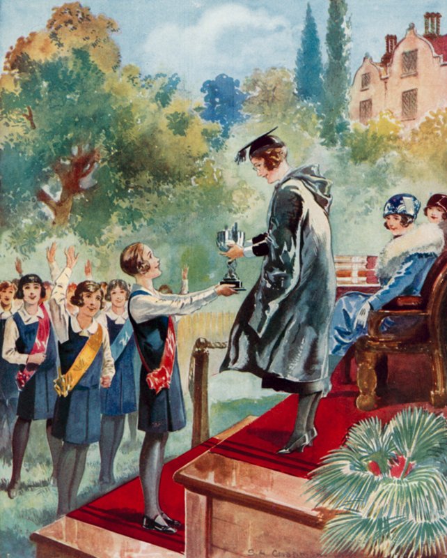 Un triomphe de quatrième forme : une écolière recevant un trophée - English School