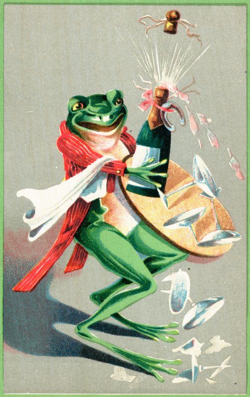 Une grenouille portant un plateau avec des verres et une bouteille de champagne - English School
