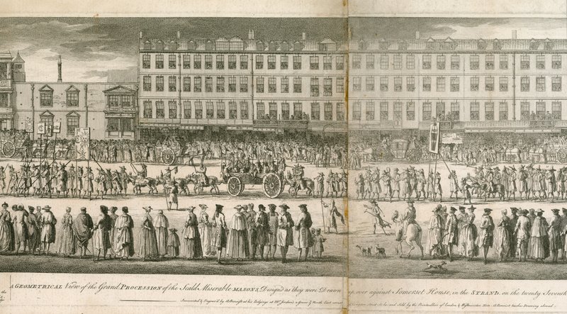 Vue géométrique de la grande procession des Scald Miserable Masons, Somerset House, Londres - English School