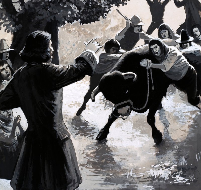 Un groupe de perturbateurs a essayé de perturber la prédication de John Wesley en conduisant un taureau dans la foule - English School
