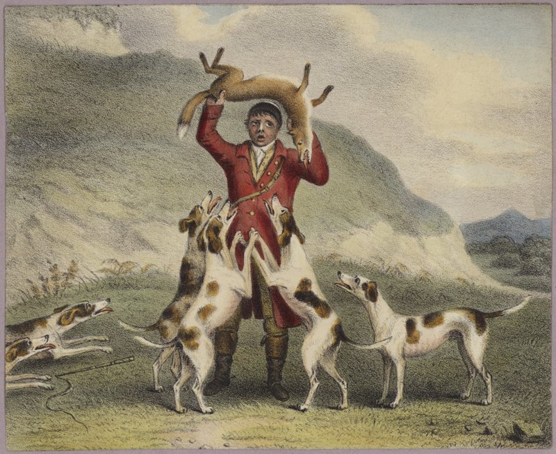 Un chasseur levant un renard au-dessus de sa tête - English School