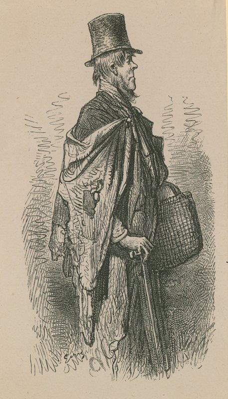 Un homme portant un haut-de-forme et un châle tout en portant un panier - English School