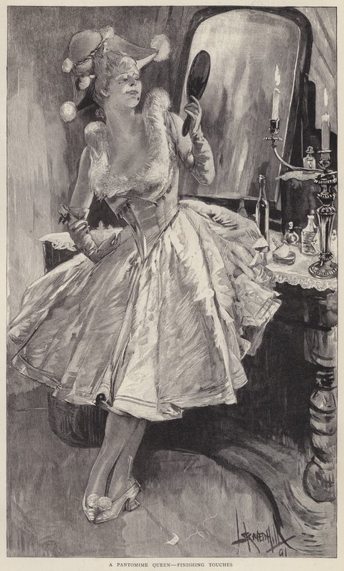 Une reine de pantomime mettant la touche finale à son maquillage (lithographie) - English School