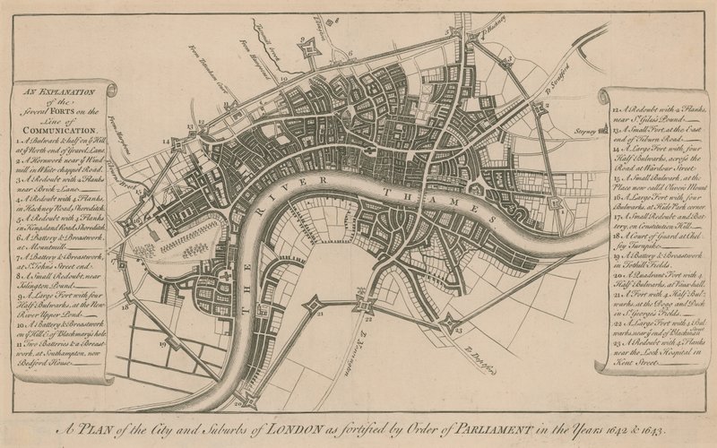Plan de la ville et des faubourgs de Londres fortifiés par ordre du Parlement en 1642 et 1643 - English School