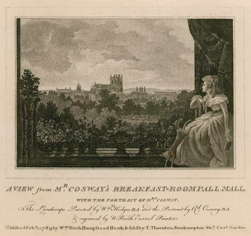 Vue depuis la salle de petit-déjeuner de M. Cosway, Pall Mall, avec le portrait de Mme Cosway - English School