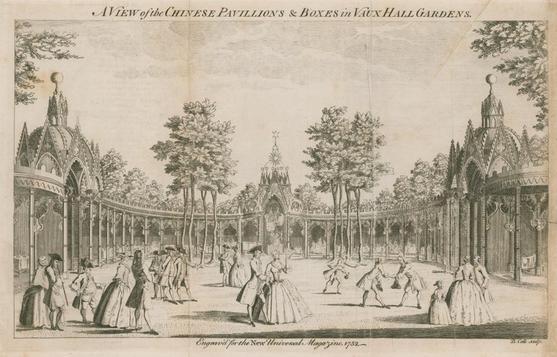 Vue des pavillons chinois et des loges dans les jardins de Vauxhall, Londres - English School