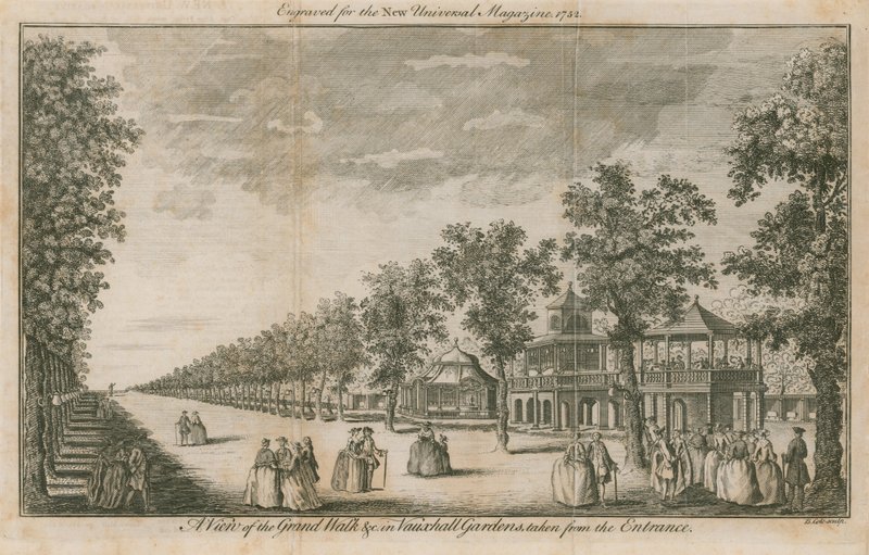 Vue de la Grande Promenade dans les jardins de Vauxhall, Londres, prise depuis l