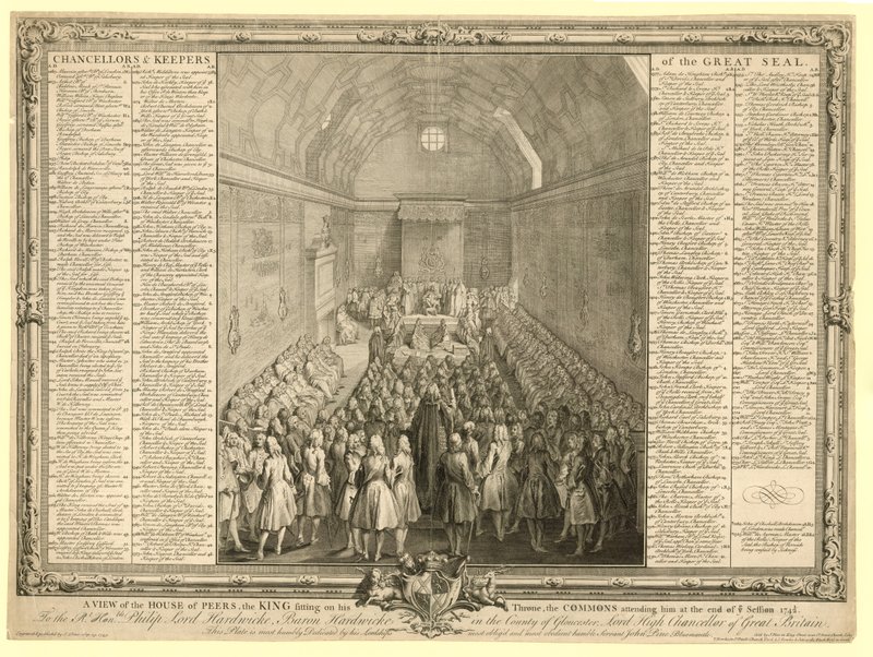 Vue de la Chambre des Lords, le roi assis sur son trône, les Communes l