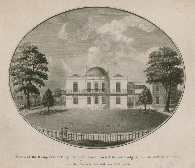 Vue de la très élégante, agréable et très admirée Loge du Ranger dans le Green Park, St James - English School
