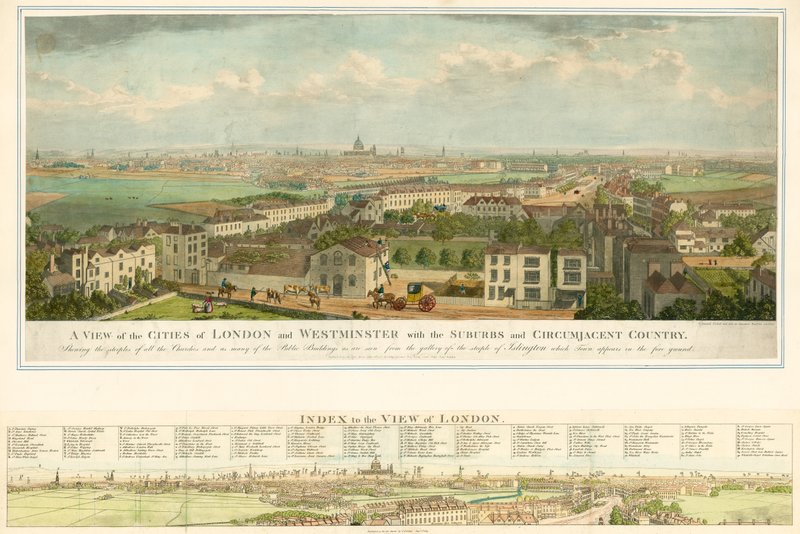 Vue des villes de Londres et de Westminster avec les banlieues et la campagne environnante - English School