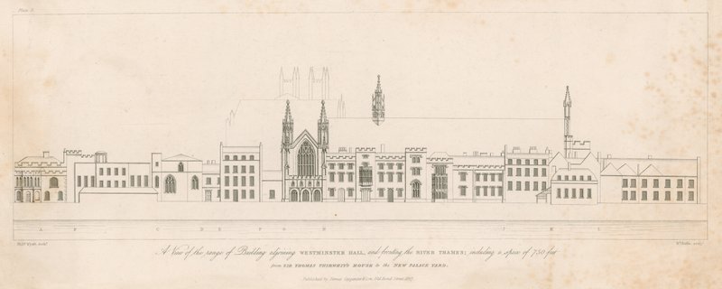 Vue de la rangée de bâtiments adjacents à Westminster Hall et faisant face à la Tamise - English School