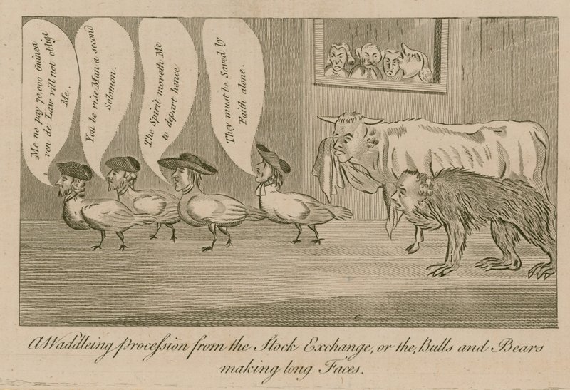 Une procession chancelante de la Bourse, ou les taureaux et les ours faisant de longues figures - English School