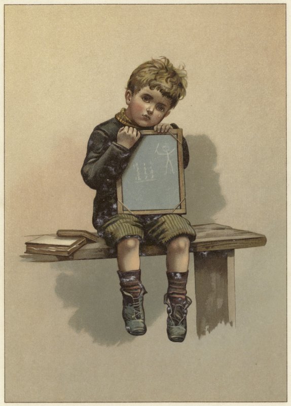 Un jeune garçon pleurant en reposant son menton sur un tableau noir - English School