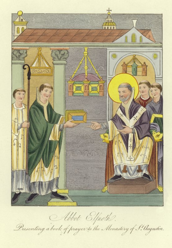 Abbé Elfnoth présentant un livre de prières au monastère de Saint-Augustin - English School