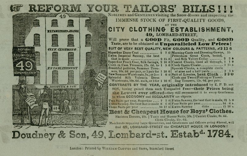 Publicité pour Doudney & Son, établissement de vêtements de la ville, 49 Lombard Street, Londres - English School