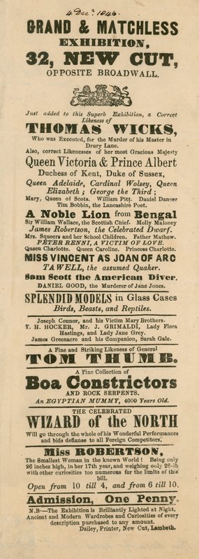Annonce pour la grande et orientale promenade et exposition de Ferguson, 32 New Cut, Lambeth, Londres - English School