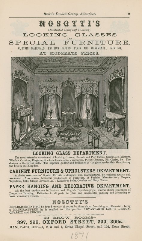 Publicité pour les miroirs et meubles spéciaux de Nosotti - English School