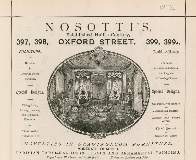 Publicité pour le magasin de meubles Nosottis, 397-399 Oxford Street - English School