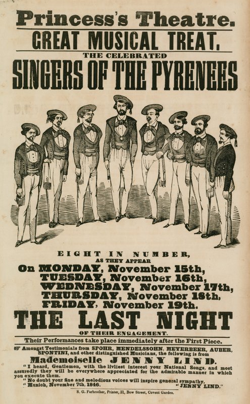 Annonce pour le Théâtre de la Princesse, Londres, avec les chanteurs des Pyrénées - English School