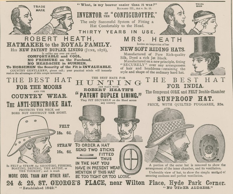 Publicité pour Robert Heath, chapelier de la famille royale - English School