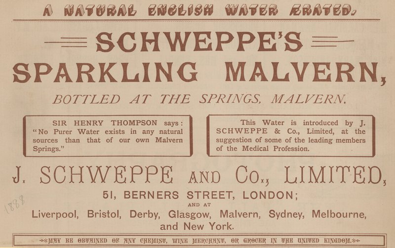 Publicité pour Schweppes Sparkling Malvern, embouteillé aux sources, Malvern - English School