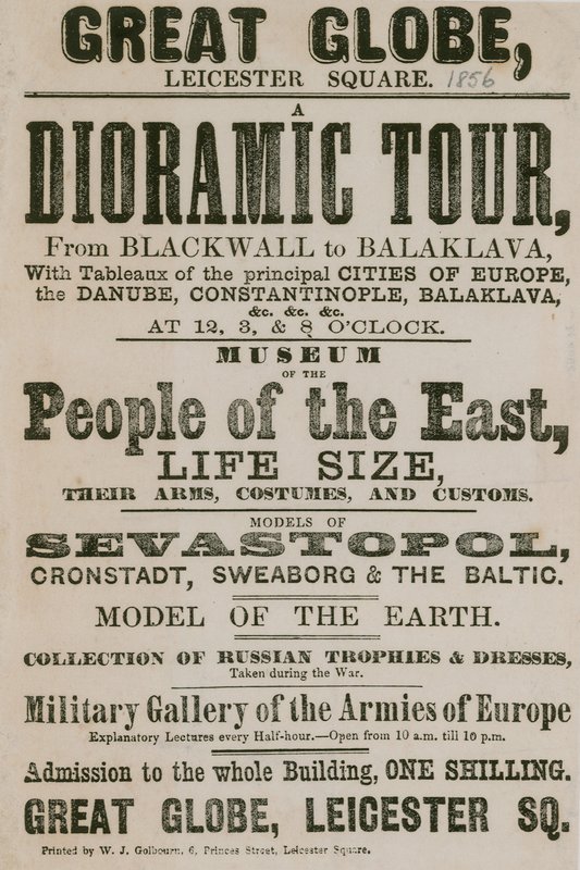 Annonce pour une tournée dioramique de Blackwall à Balaklava, avec des tableaux des principales villes d