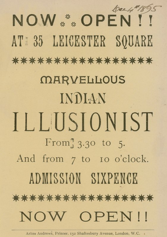 Publicité pour un illusionniste indien apparaissant au 35 Leicester Square, Londres - English School