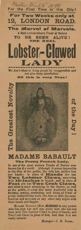 Publicité pour une apparition de Madame Babault, la dame aux griffes de homard - English School
