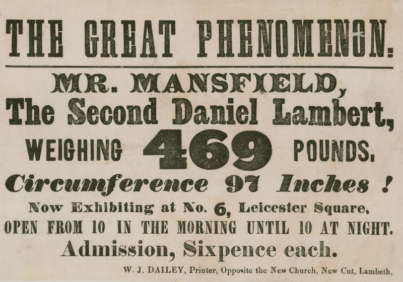Annonce pour une apparition de M. Mansfield, un deuxième Daniel Lambert, pesant 469 livres - English School