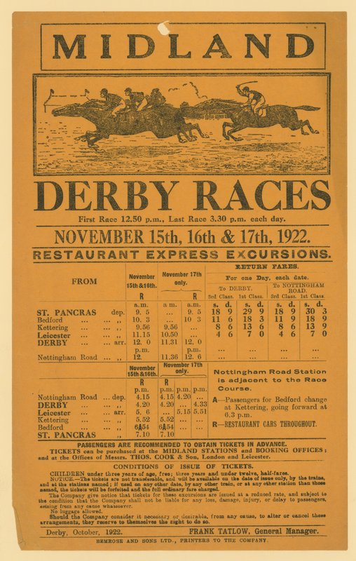 Annonce pour une excursion ferroviaire aux courses de Midland Derby, 15-17 novembre 1922 - English School