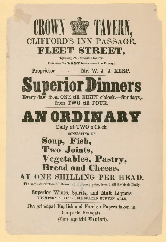 Publicité pour le Crown Tavern, Cliffords Inn Passage, Fleet Street, Londres - English School