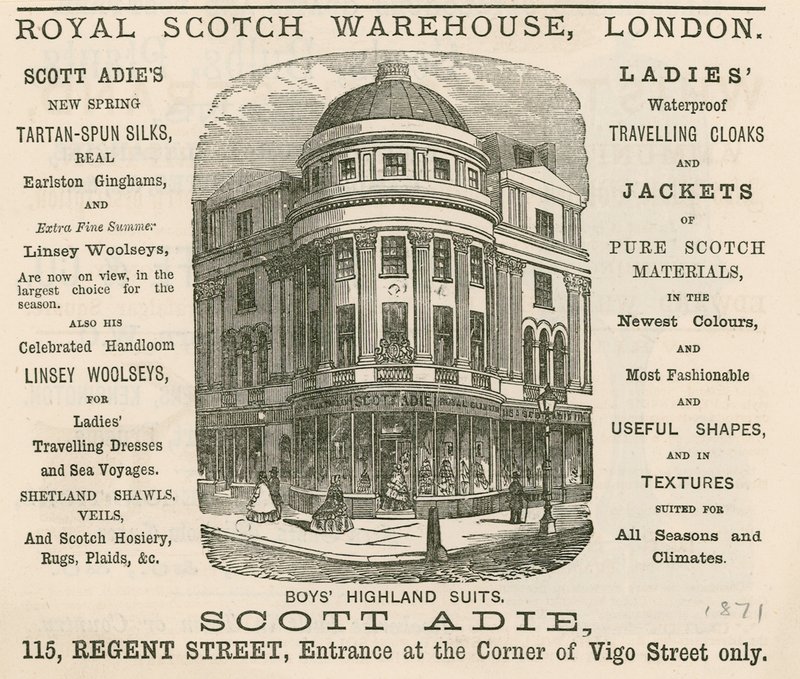 Publicité pour le Royal Scotch Warehouse, 115 Regent Street, Londres - English School