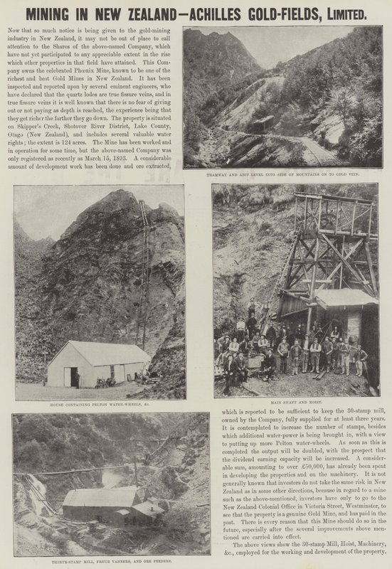 Publicité, exploitation minière en Nouvelle-Zélande, Achilles Gold-Fields (gravure) - English School