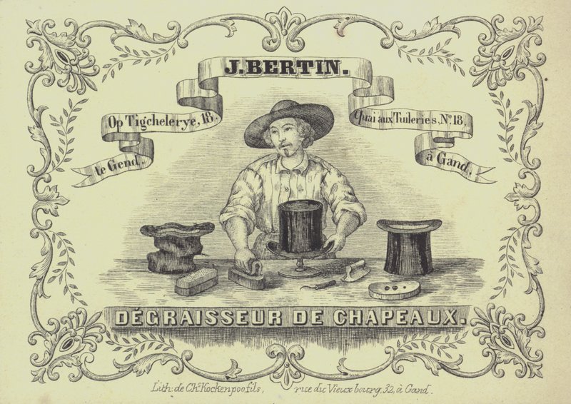 Publicité pour J Bertin, nettoyeur de chapeaux, Gand, Belgique - English School