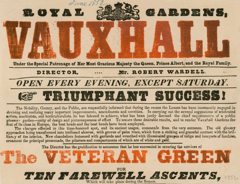 Annonce pour le jardin royal, Vauxhall; jardins de Vauxhall, Londres - English School