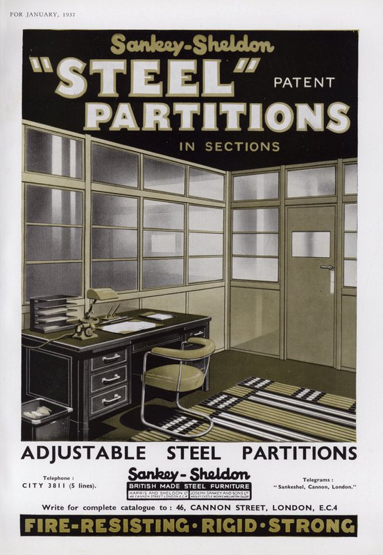 Publicité pour les cloisons en acier Sankey-Sheldon, 1937 - English School
