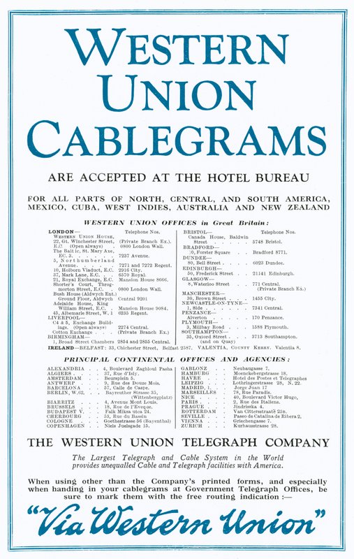 Publicité pour Western Union Cablegrams (lithographie en couleur) - English School
