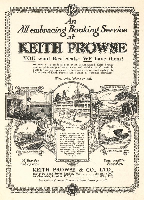 Publicité pour les services de réservation de billets de Keith Prowse & Co, Ltd - English School