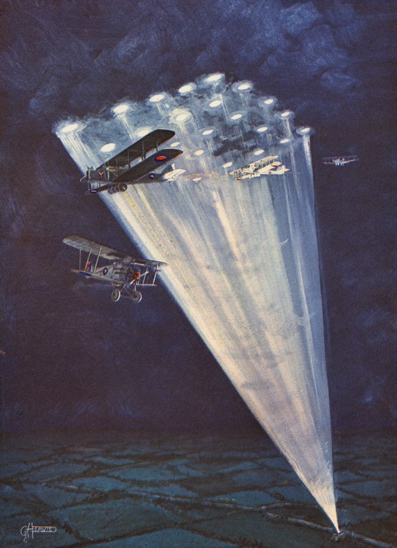 Avions illuminés par une grille de projecteurs la nuit - English School