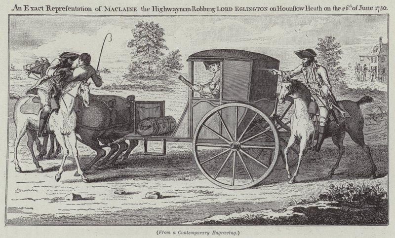 Représentation exacte de Maclaine le bandit de grand chemin volant Lord Eglington sur Hounslow Heath le 26 juin 1750 (gravure) - English School