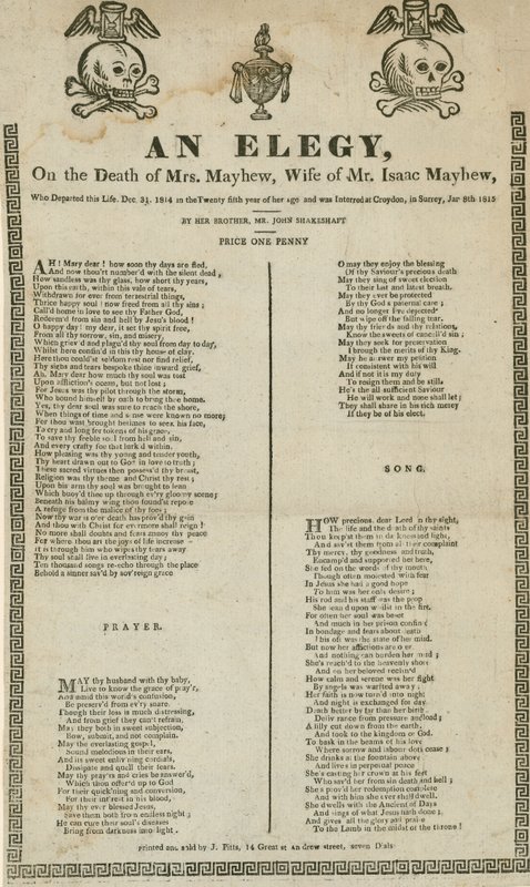 Une élégie sur la mort de Mme Mayhew, épouse de M. Isaac Mayhew - English School