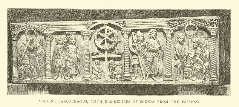 Sarcophage ancien, avec bas-reliefs de scènes de la Passion - English School