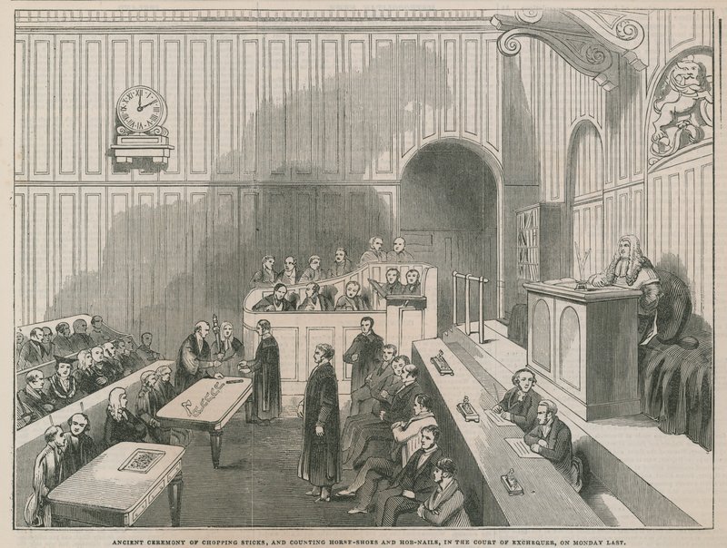 Ancienne cérémonie de coupe de bâtons et de comptage de fers à cheval et de clous dans la Cour des accises - English School