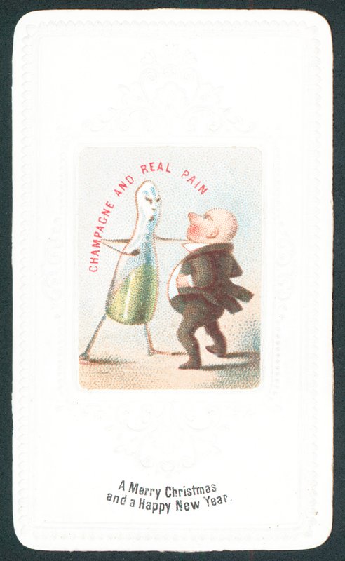 Bouteille de champagne en colère frappant un homme, Carte de Noël - English School