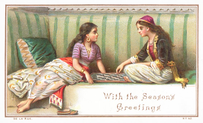 Dames arabes jouant à un jeu de société, Carte de Noël - English School