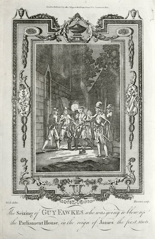 Arrestation de Guy Fawkes pour tentative de faire exploser les Chambres du Parlement dans le Complot des Poudres, 5 novembre 1605 - English School