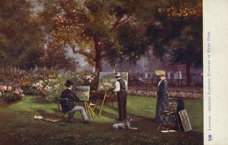 Artistes peignant des fleurs à Hyde Park, Londres - English School