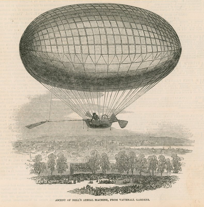 Ascension de la machine aérienne de Bell depuis les jardins de Vauxhall, Londres - English School