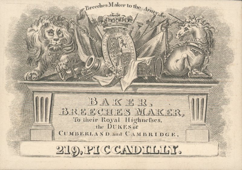 Baker, fabricant de culottes, 219 Piccadilly, carte de visite - English School